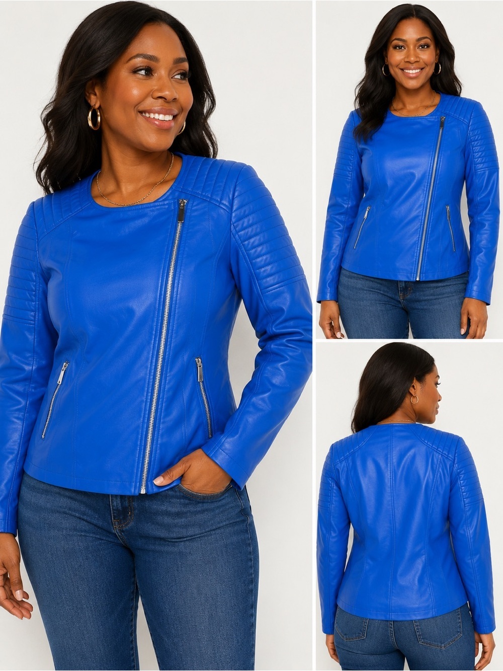 NWT NY & Company Cobalt Blue Faux Leather Moto Jacket XL Quilted Zip